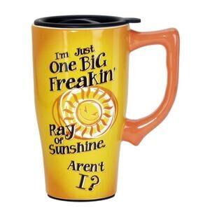 Spoontiques Vibrant Yellow Ceramic Travel Big Ray of Sunshine 18 oz Mug Cup NEW